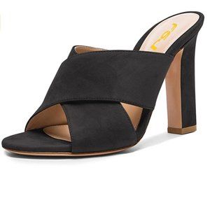 FSJ Open Toe Platform Chunky High Heel Crossover Strap Mules